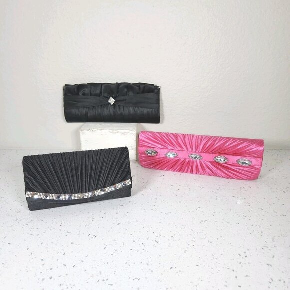Satin Evening Clutch Purse Lot Of 3 Chain Strap Shoulder Bag Rhinestone Accent - Picture 1 of 12